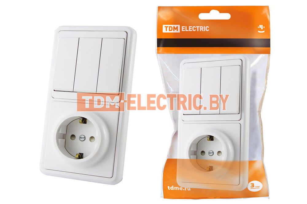 Блок комбинированный БКВР 3-х кл. выкл + розетка 2П+З с з/ш TDM  TDM Electric