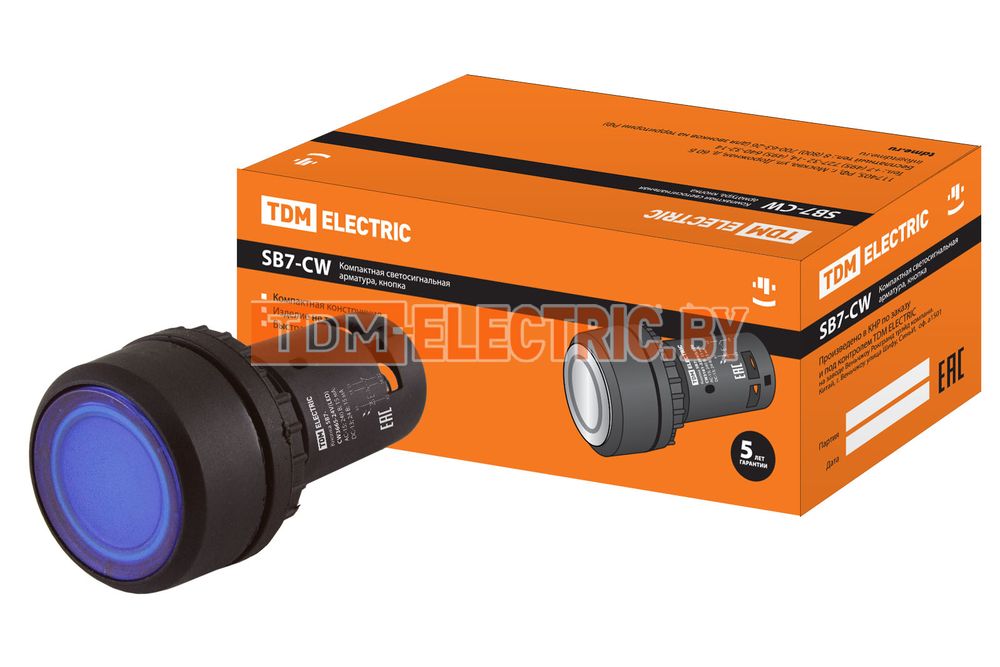 Кнопка SB7-CW3665-24V(LED) d22мм 1з+1р синяя TDM  TDM Electric