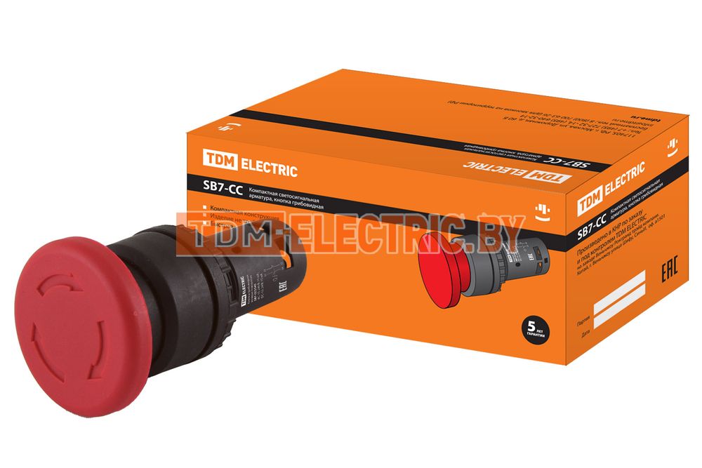 Кнопка грибовидная, возврат поворотом SB7-CCS545 d35мм 1з+1р красная TDM  TDM Electric