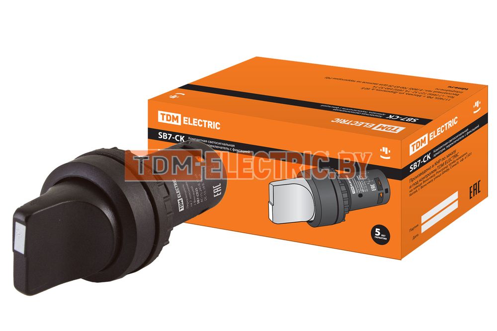 Переключатель на 2 положения с фиксацией SB7-CD25 короткая ручка d22мм 1з+1р черный TDM  TDM Electric